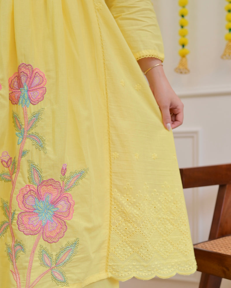 Yellow Pintex Threadwork A Line Cotton Suit