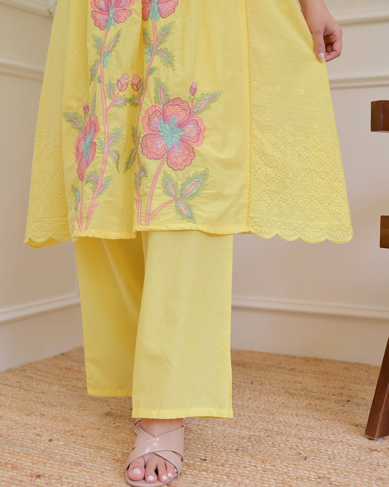 Yellow Pintex Threadwork A Line Cotton Suit