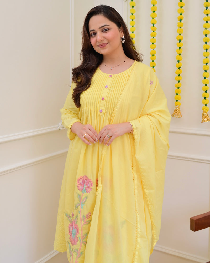 Yellow Pintex Threadwork A Line Cotton Suit