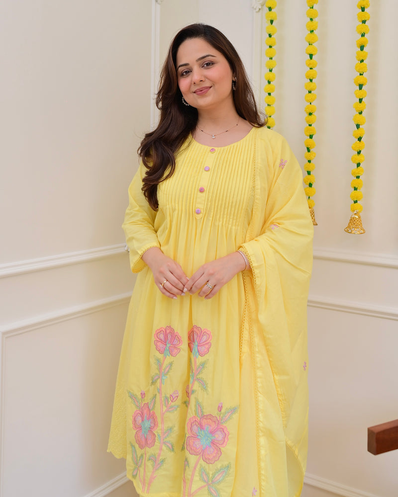 Yellow Pintex Threadwork A Line Cotton Suit