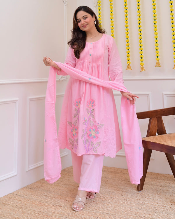 Pink Pintex Threadwork A Line Cotton Suit