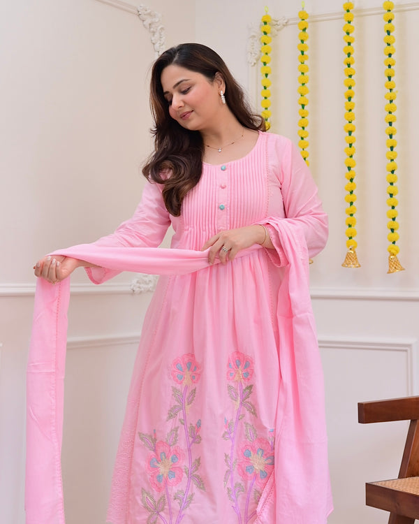 Pink Pintex Threadwork A Line Cotton Suit