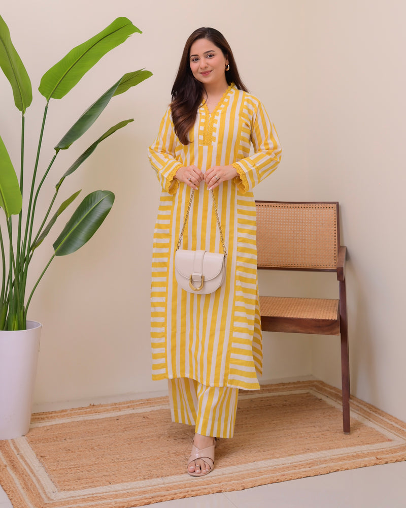 Yellow Sunlit Striped Luxe Cotton Kurta Set