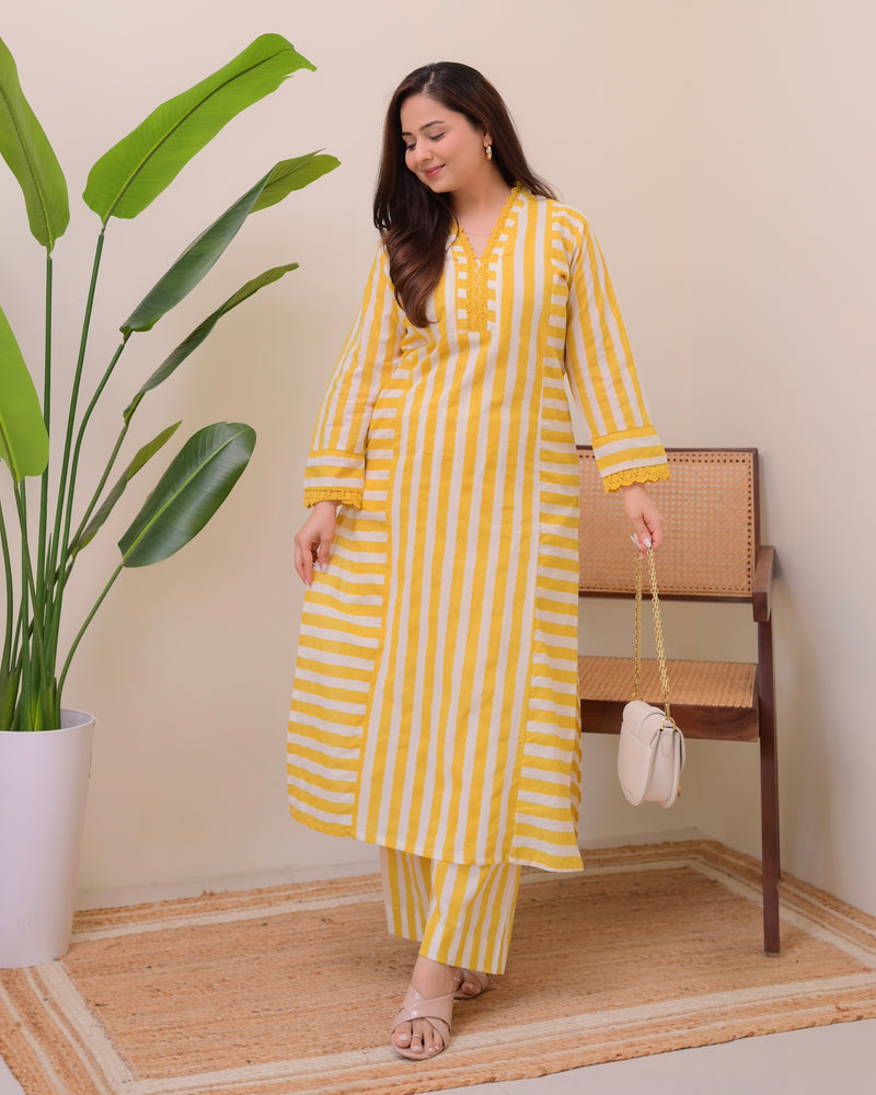Yellow Sunlit Striped Luxe Cotton Kurta Set