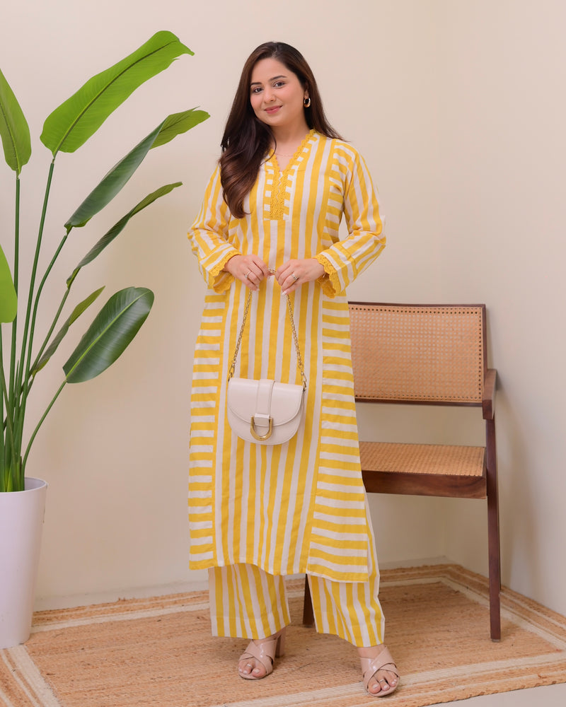 Yellow Sunlit Striped Luxe Cotton Kurta Set