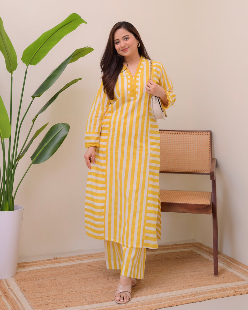 Yellow Sunlit Striped Luxe Cotton Kurta Set
