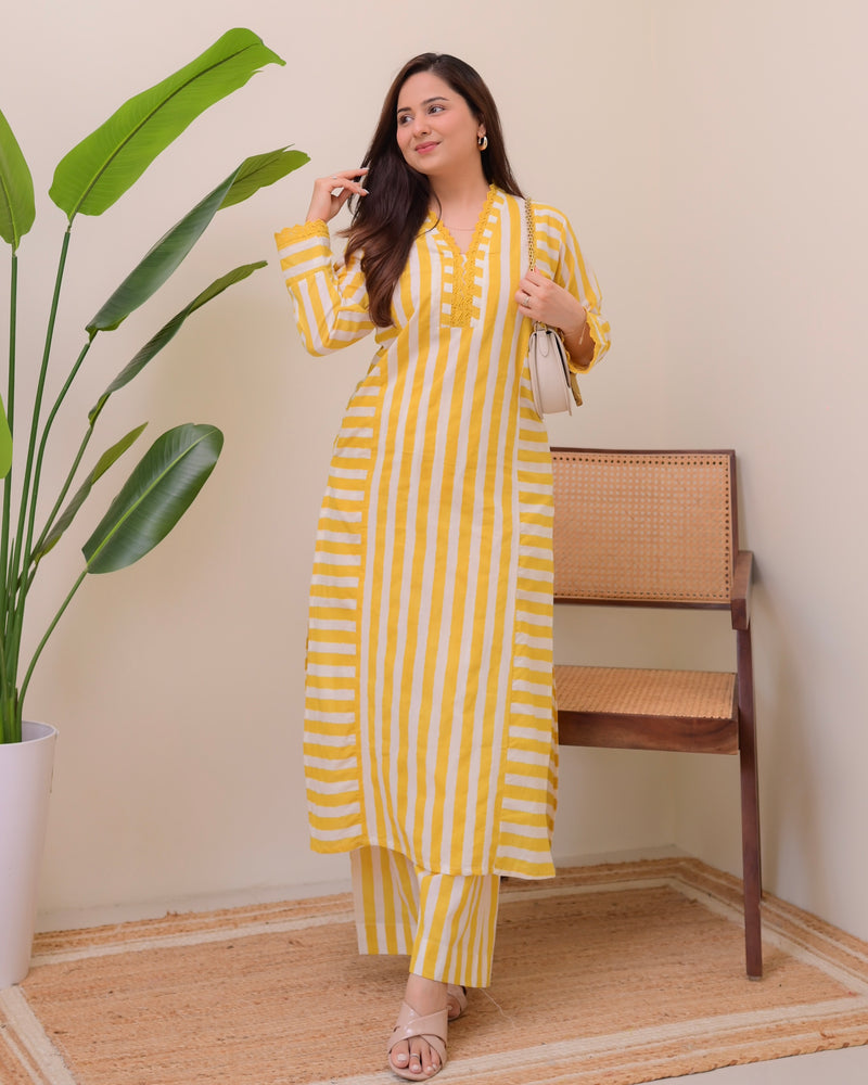 Yellow Sunlit Striped Luxe Cotton Kurta Set