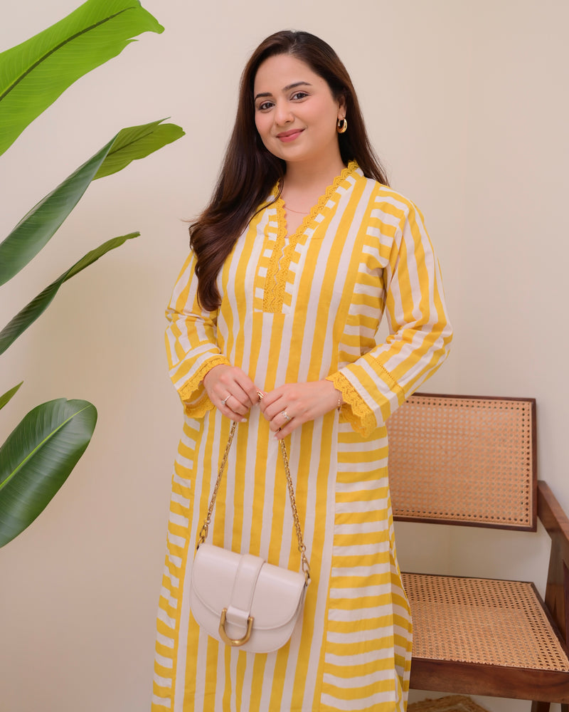 Yellow Sunlit Striped Luxe Cotton Kurta Set