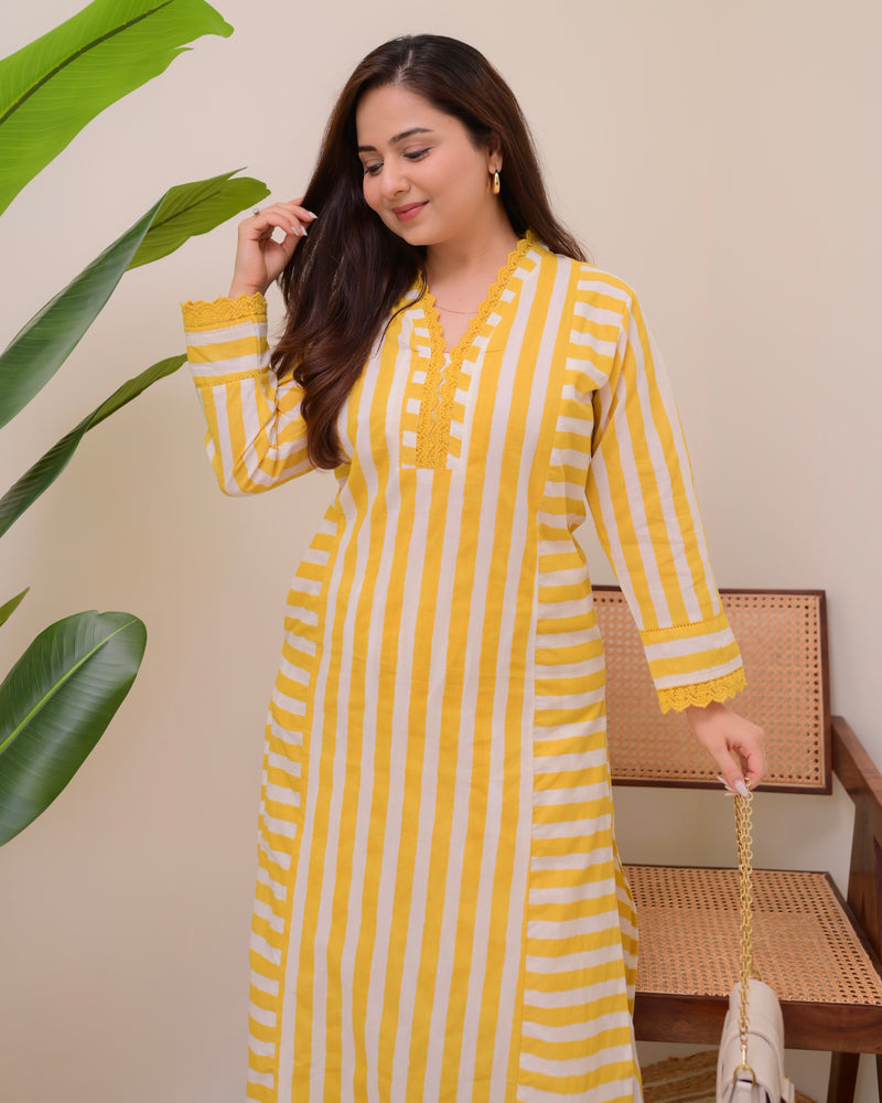 Yellow Sunlit Striped Luxe Cotton Kurta Set