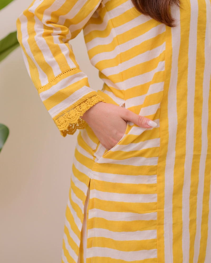 Yellow Sunlit Striped Luxe Cotton Kurta Set