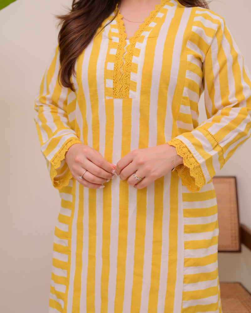 Yellow Sunlit Striped Luxe Cotton Kurta Set