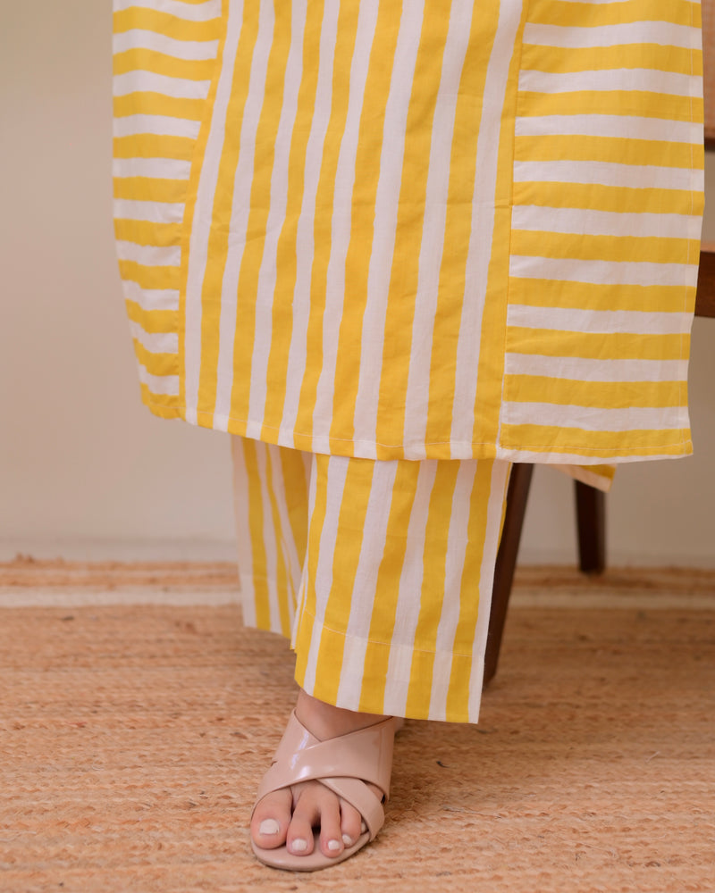 Yellow Sunlit Striped Luxe Cotton Kurta Set