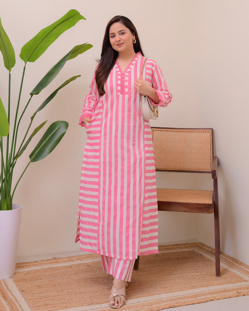 Pink Candy Striped Luxe Cotton Kurta Set