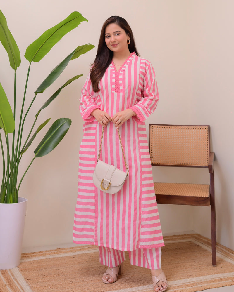 Pink Candy Striped Luxe Cotton Kurta Set