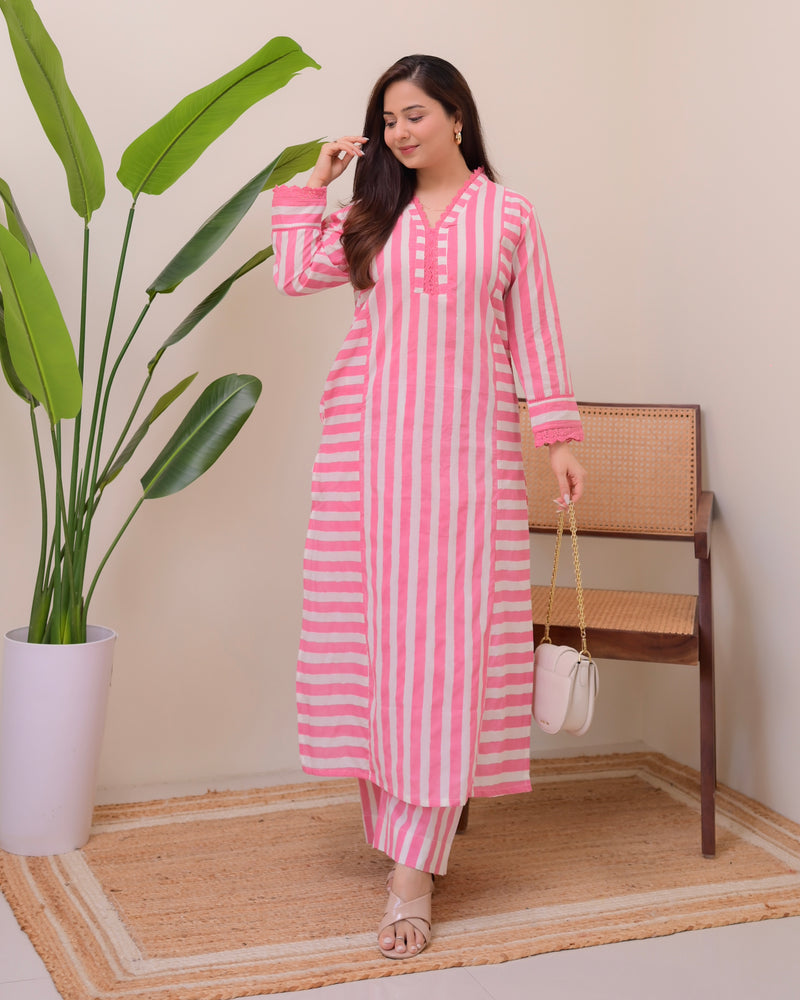Pink Candy Striped Luxe Cotton Kurta Set