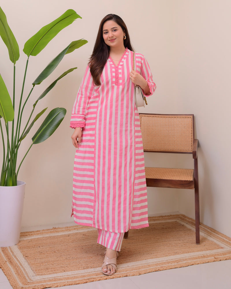 Pink Candy Striped Luxe Cotton Kurta Set