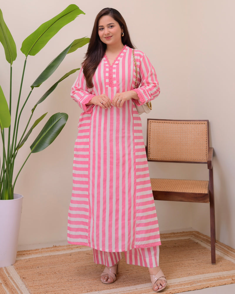 Pink Candy Striped Luxe Cotton Kurta Set