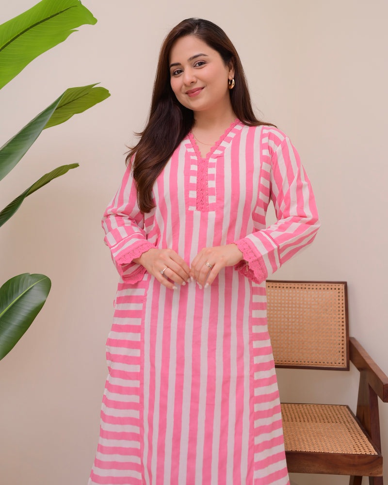 Pink Candy Striped Luxe Cotton Kurta Set