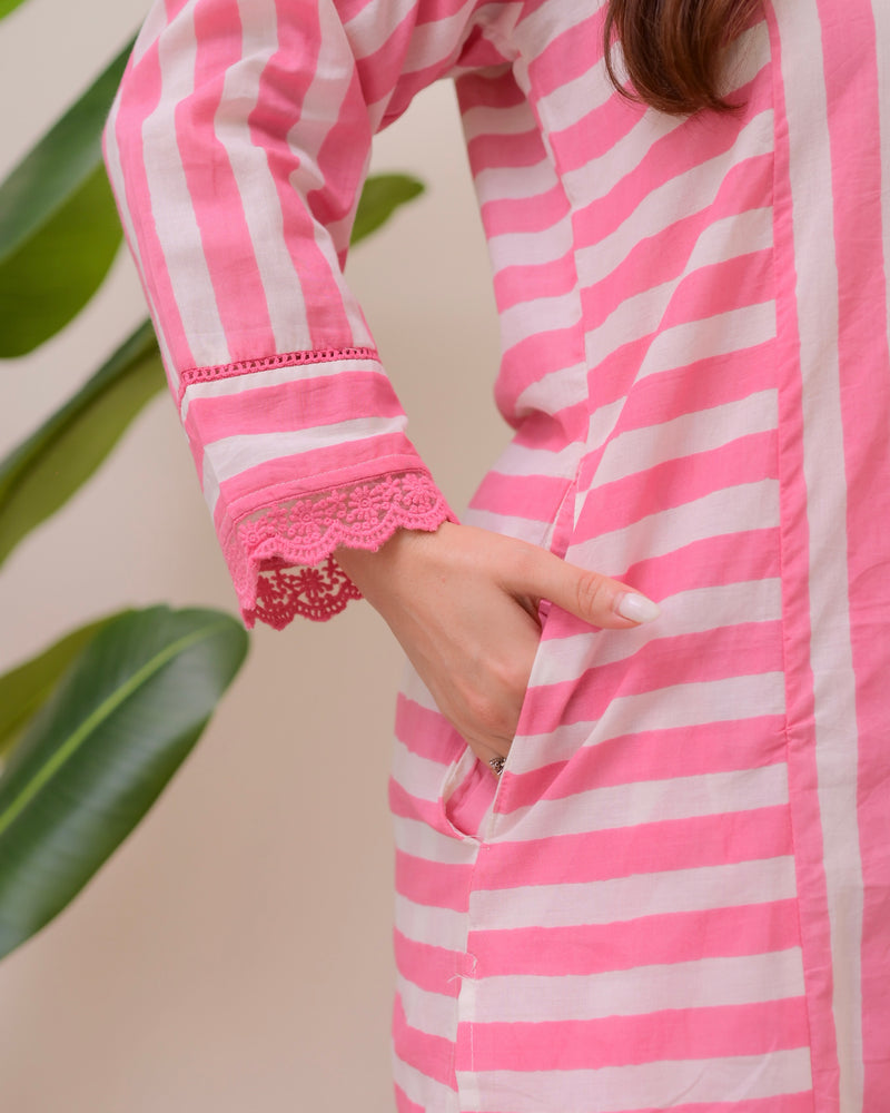 Pink Candy Striped Luxe Cotton Kurta Set