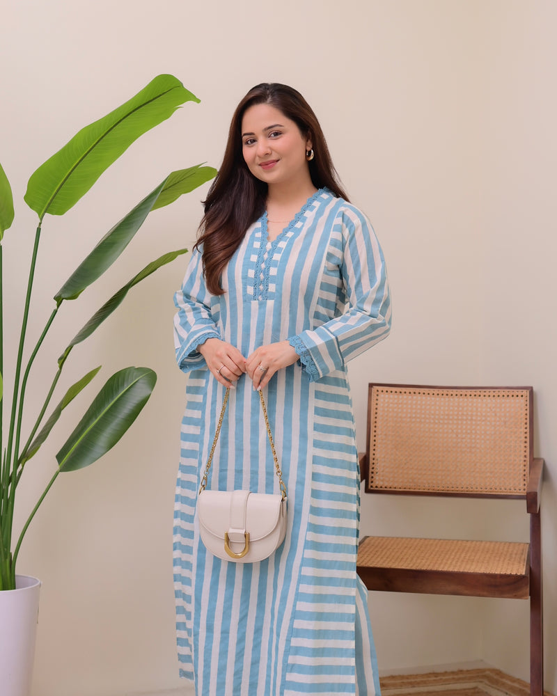 Blue Skyline Striped Luxe Cotton Kurta Set