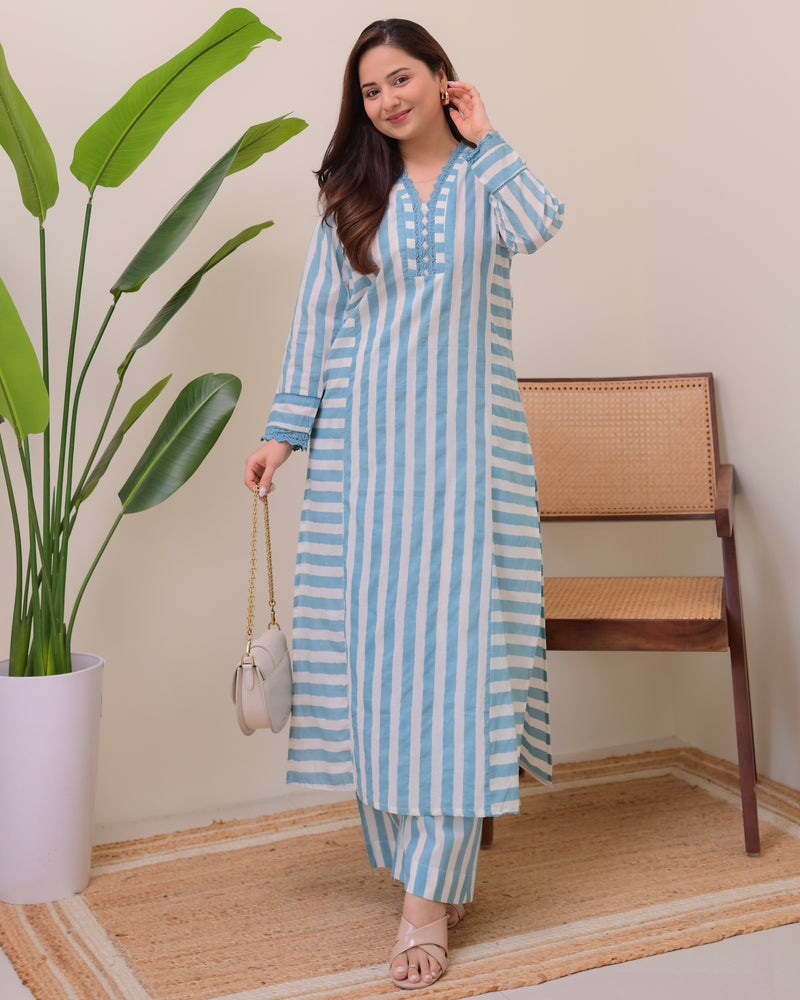 Blue Skyline Striped Luxe Cotton Kurta Set