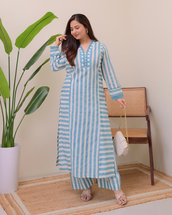 Blue Skyline Striped Luxe Cotton Kurta Set