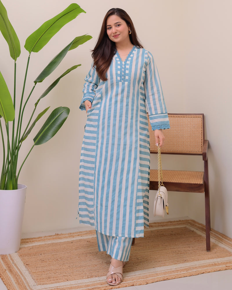 Blue Skyline Striped Luxe Cotton Kurta Set