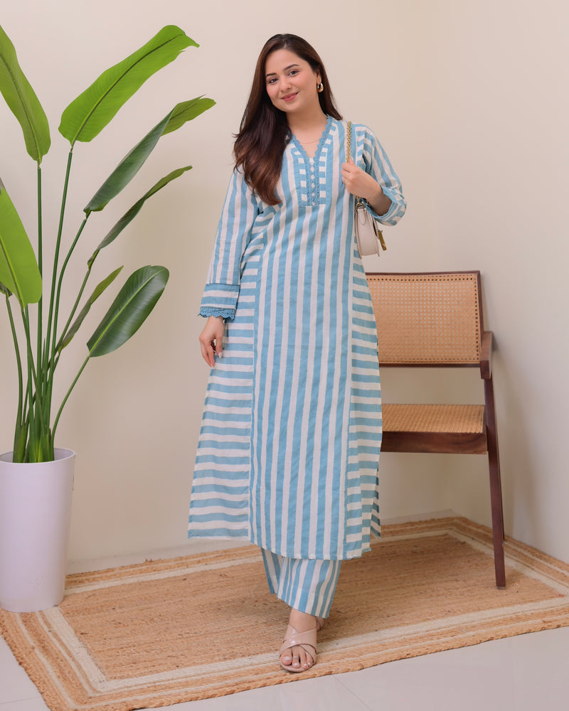 Blue Skyline Striped Luxe Cotton Kurta Set