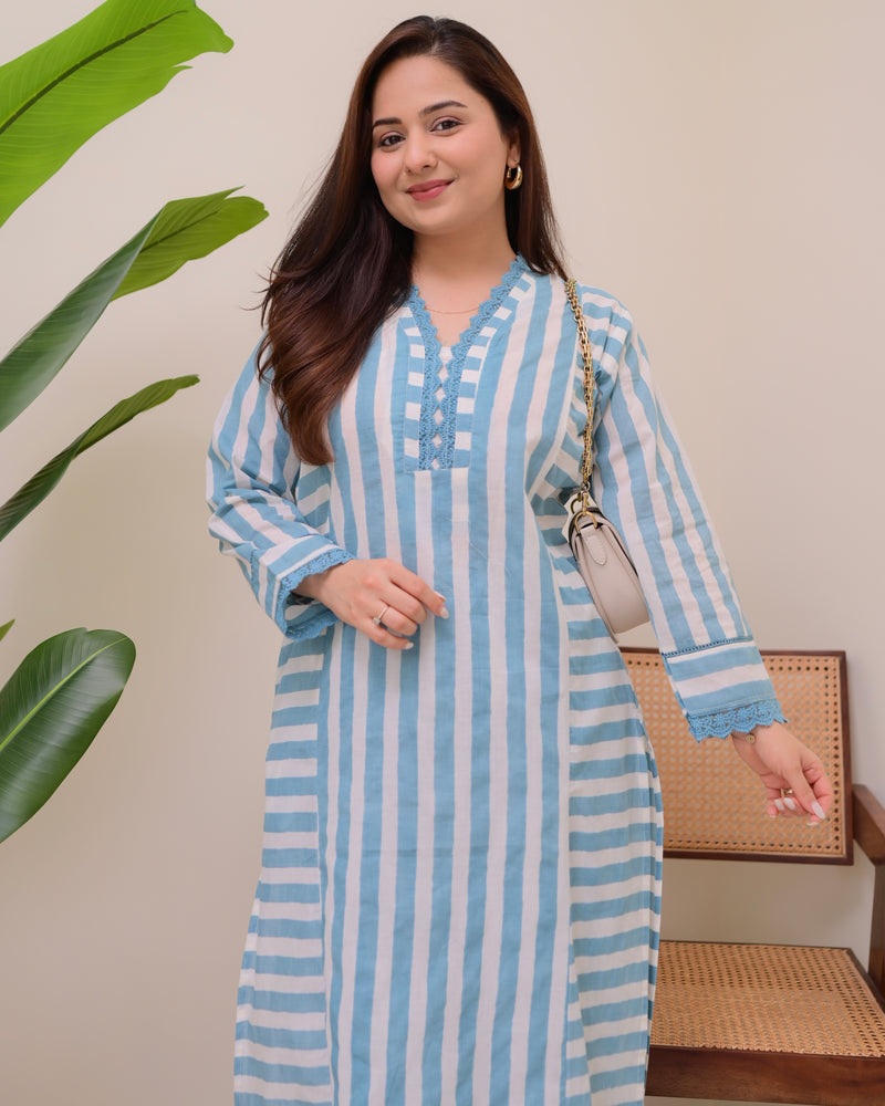 Blue Skyline Striped Luxe Cotton Kurta Set