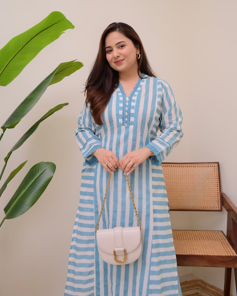 Blue Skyline Striped Luxe Cotton Kurta Set