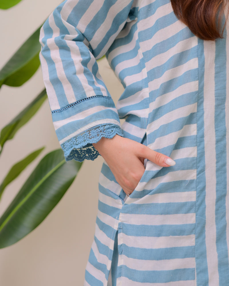 Blue Skyline Striped Luxe Cotton Kurta Set