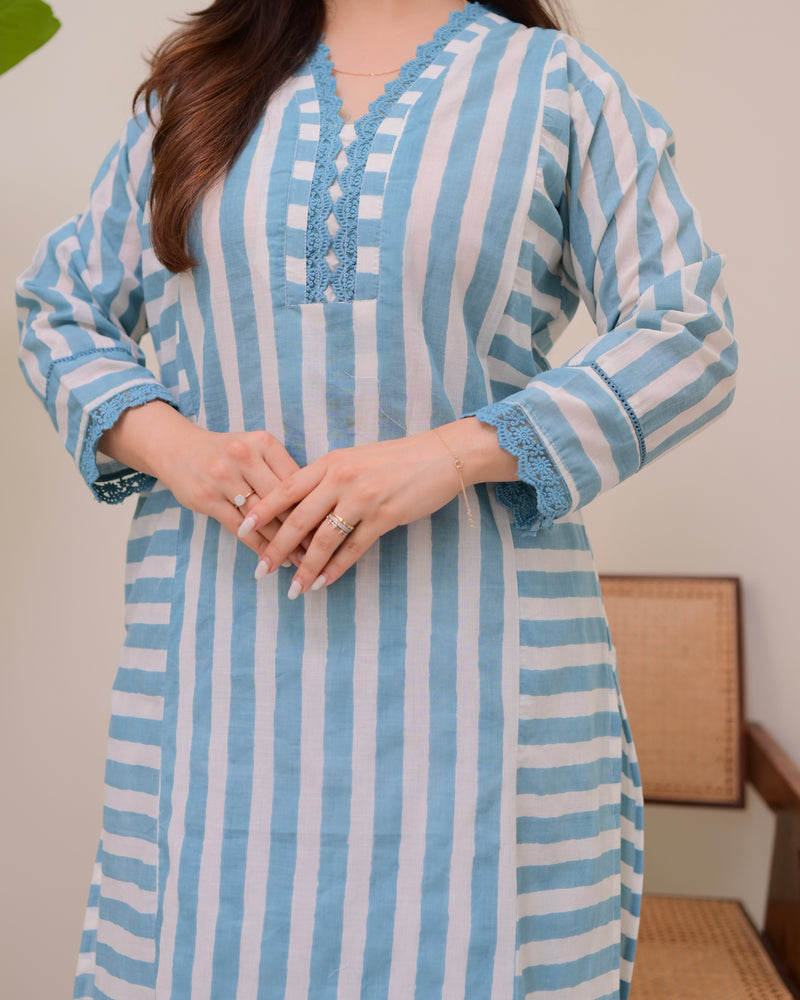 Blue Skyline Striped Luxe Cotton Kurta Set