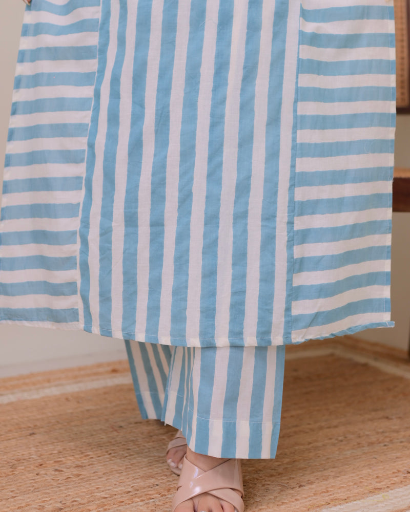Blue Skyline Striped Luxe Cotton Kurta Set