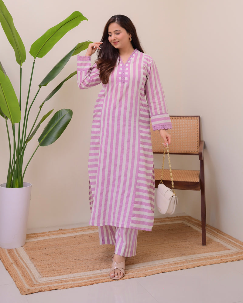 Lilac Mist Striped Luxe Cotton Kurta Set