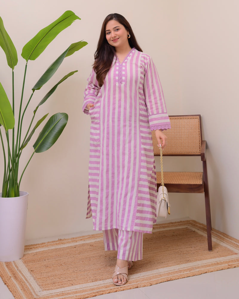 Lilac Mist Striped Luxe Cotton Kurta Set