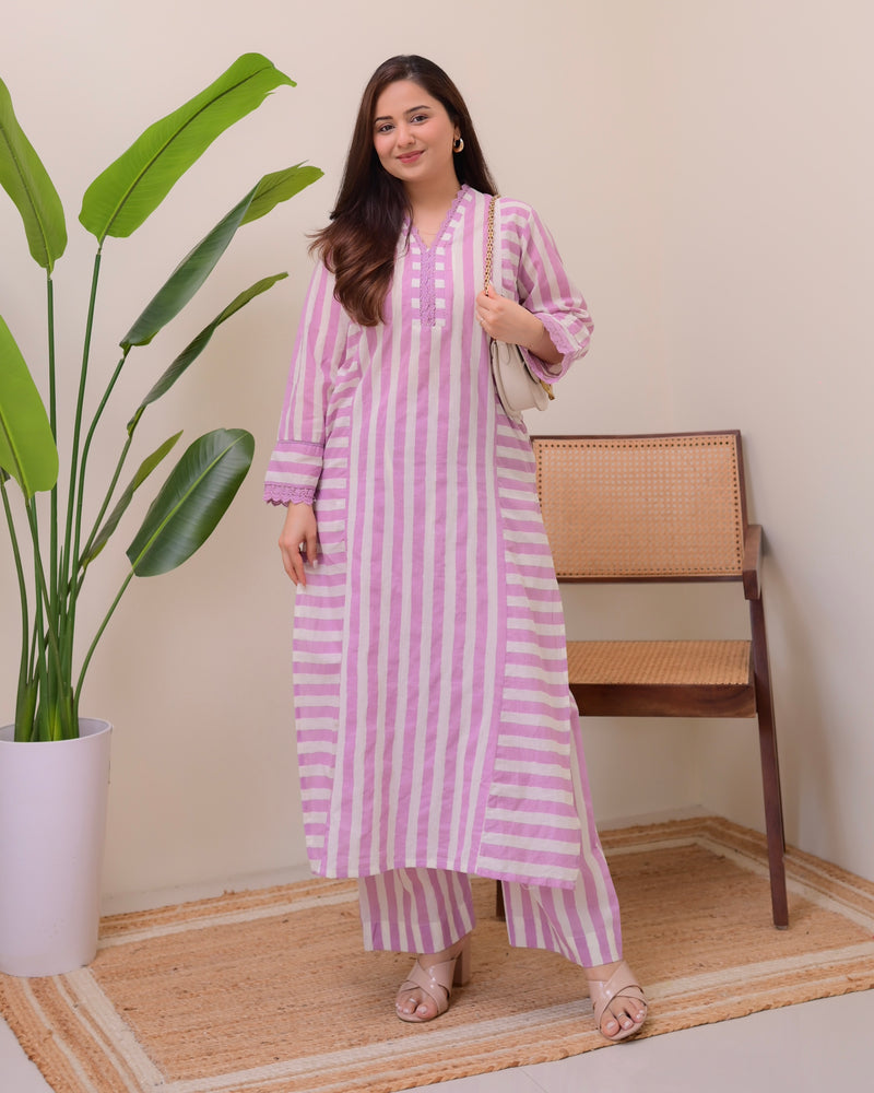 Lilac Mist Striped Luxe Cotton Kurta Set