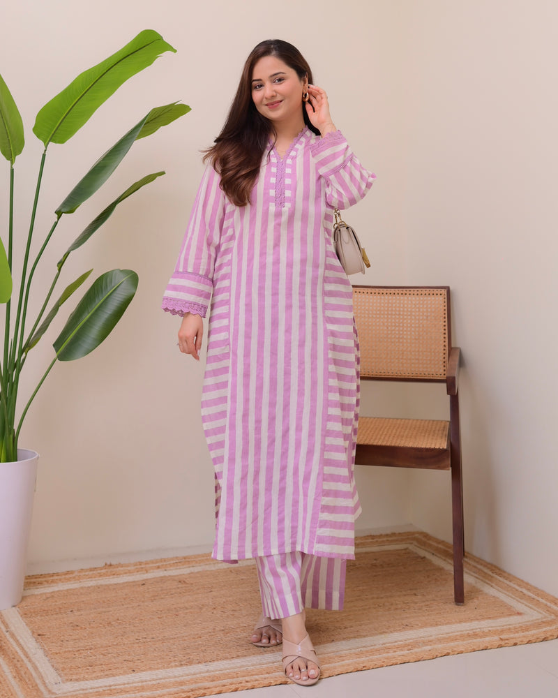 Lilac Mist Striped Luxe Cotton Kurta Set