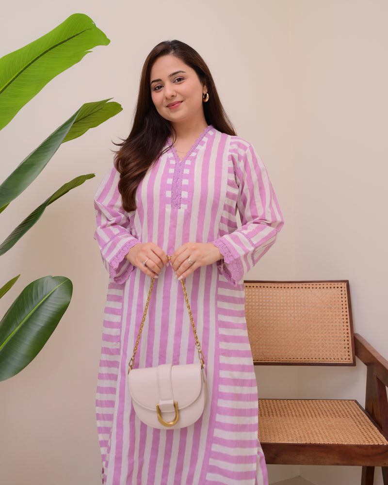 Lilac Mist Striped Luxe Cotton Kurta Set