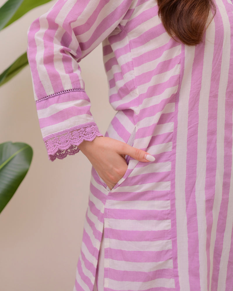 Lilac Mist Striped Luxe Cotton Kurta Set