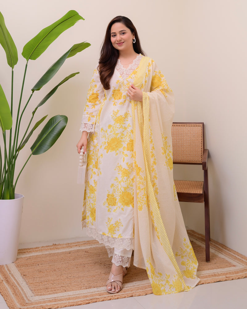 Lemon Yellow Pakistani Lace Cotton Suit