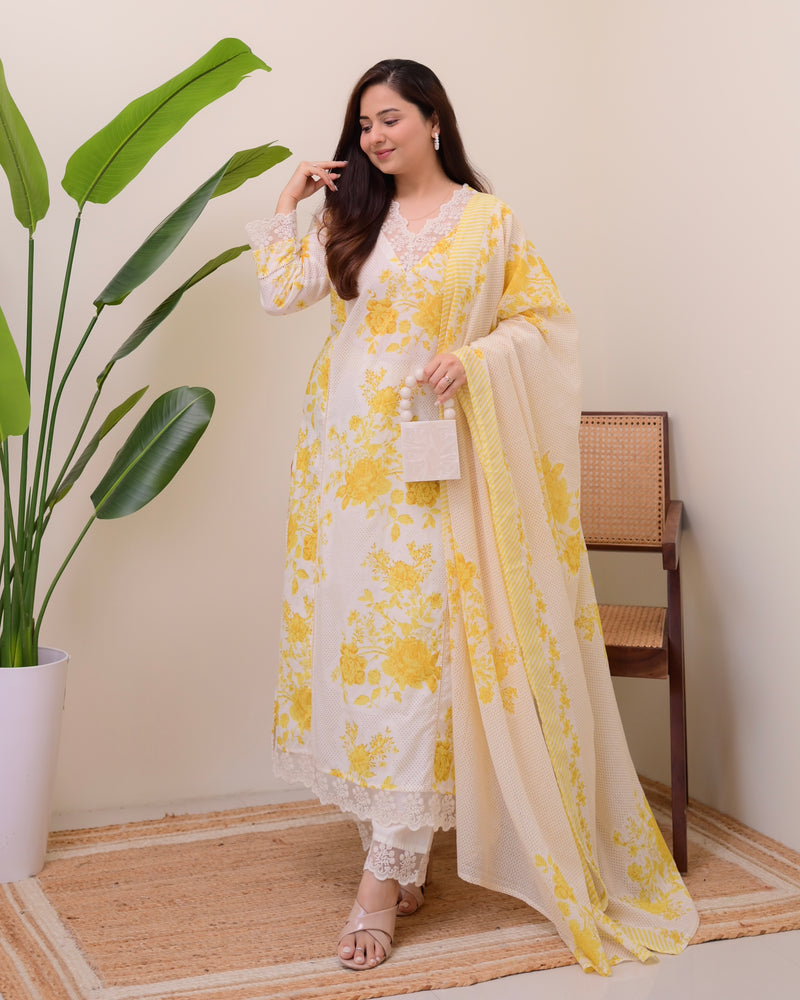 Lemon Yellow Pakistani Lace Cotton Suit