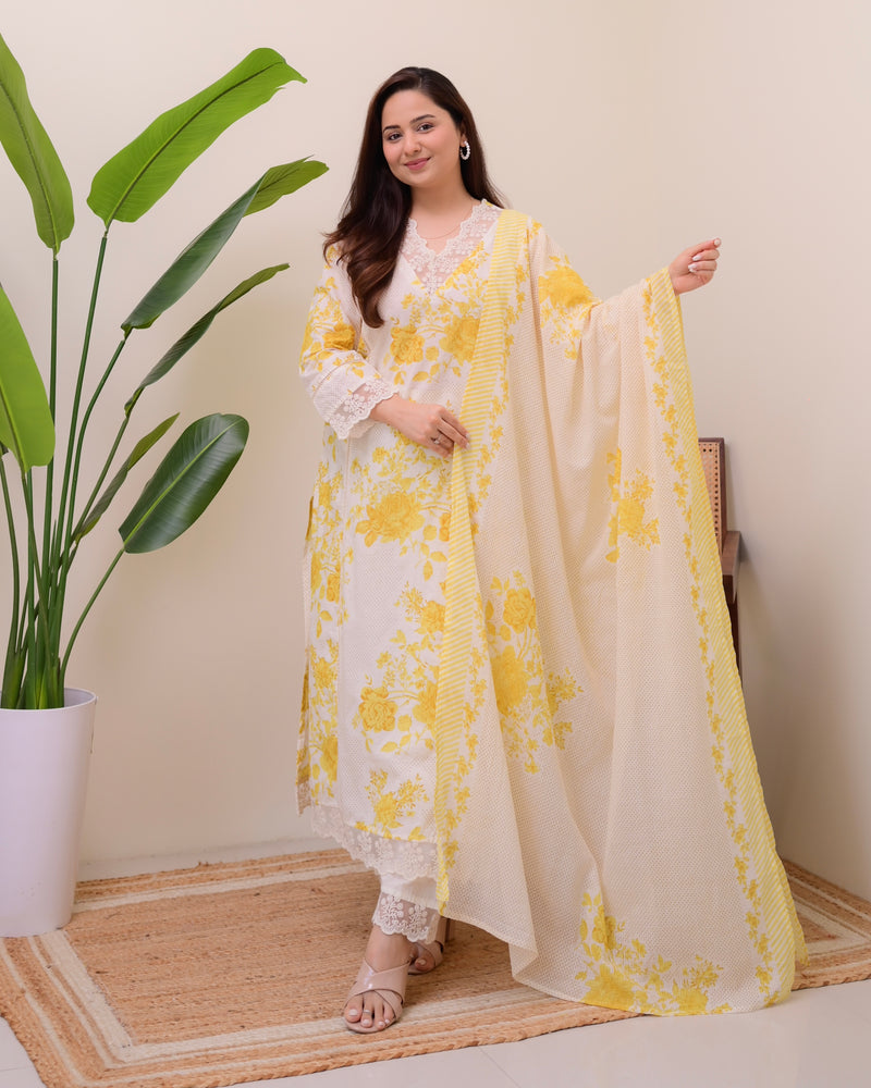 Lemon Yellow Pakistani Lace Cotton Suit