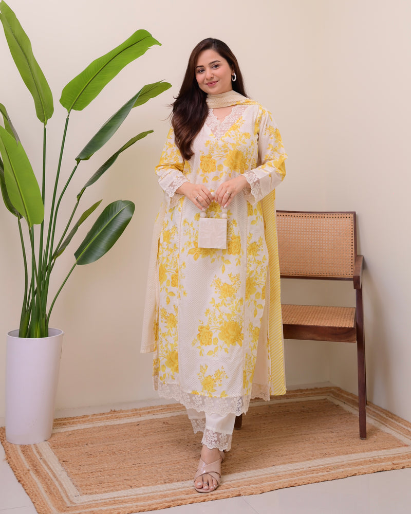 Lemon Yellow Pakistani Lace Cotton Suit