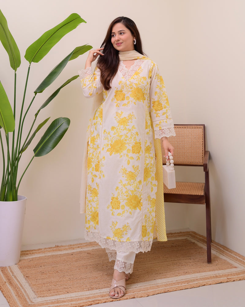 Lemon Yellow Pakistani Lace Cotton Suit