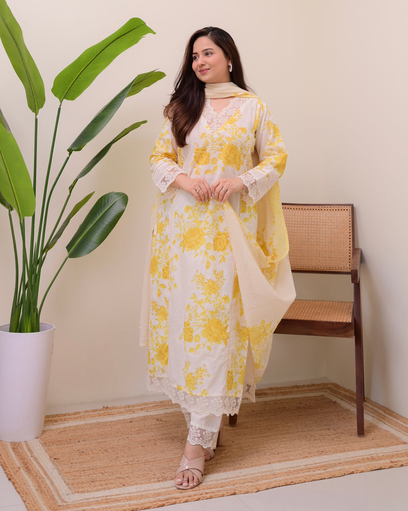 Lemon Yellow Pakistani Lace Cotton Suit