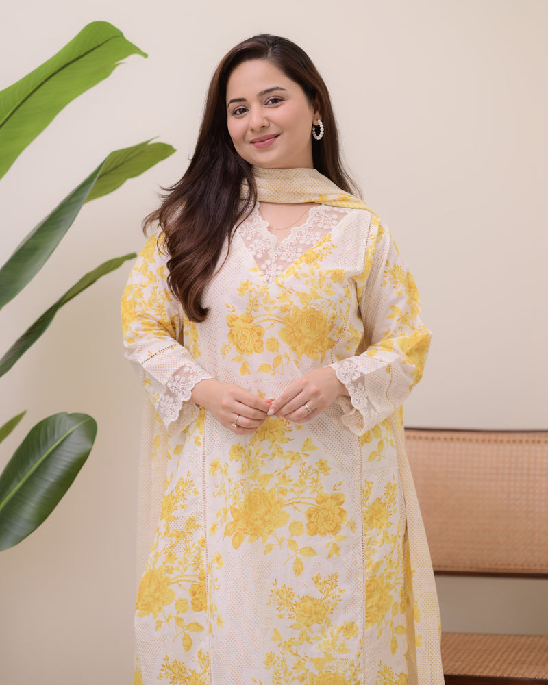 Lemon Yellow Pakistani Lace Cotton Suit
