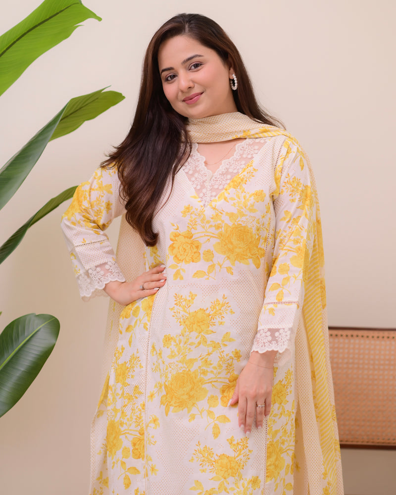 Lemon Yellow Pakistani Lace Cotton Suit