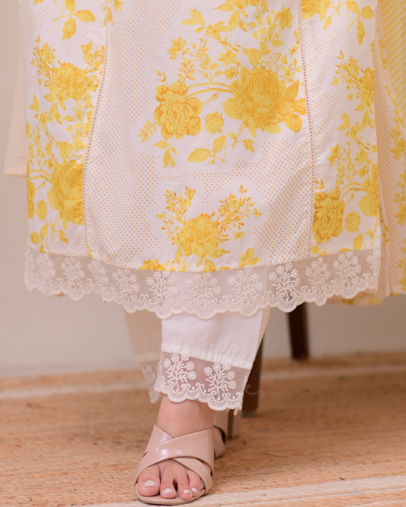 Lemon Yellow Pakistani Lace Cotton Suit