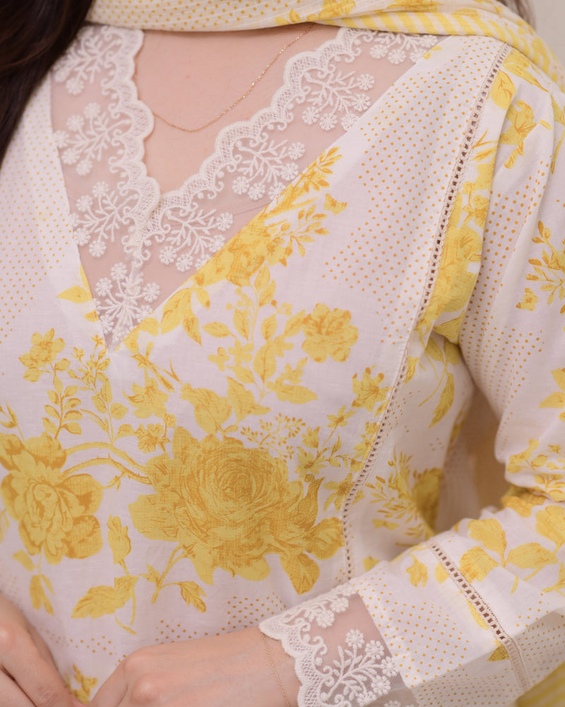 Lemon Yellow Pakistani Lace Cotton Suit