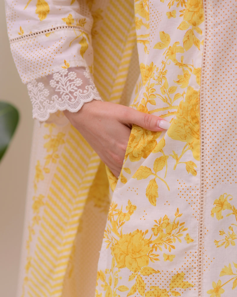 Lemon Yellow Pakistani Lace Cotton Suit